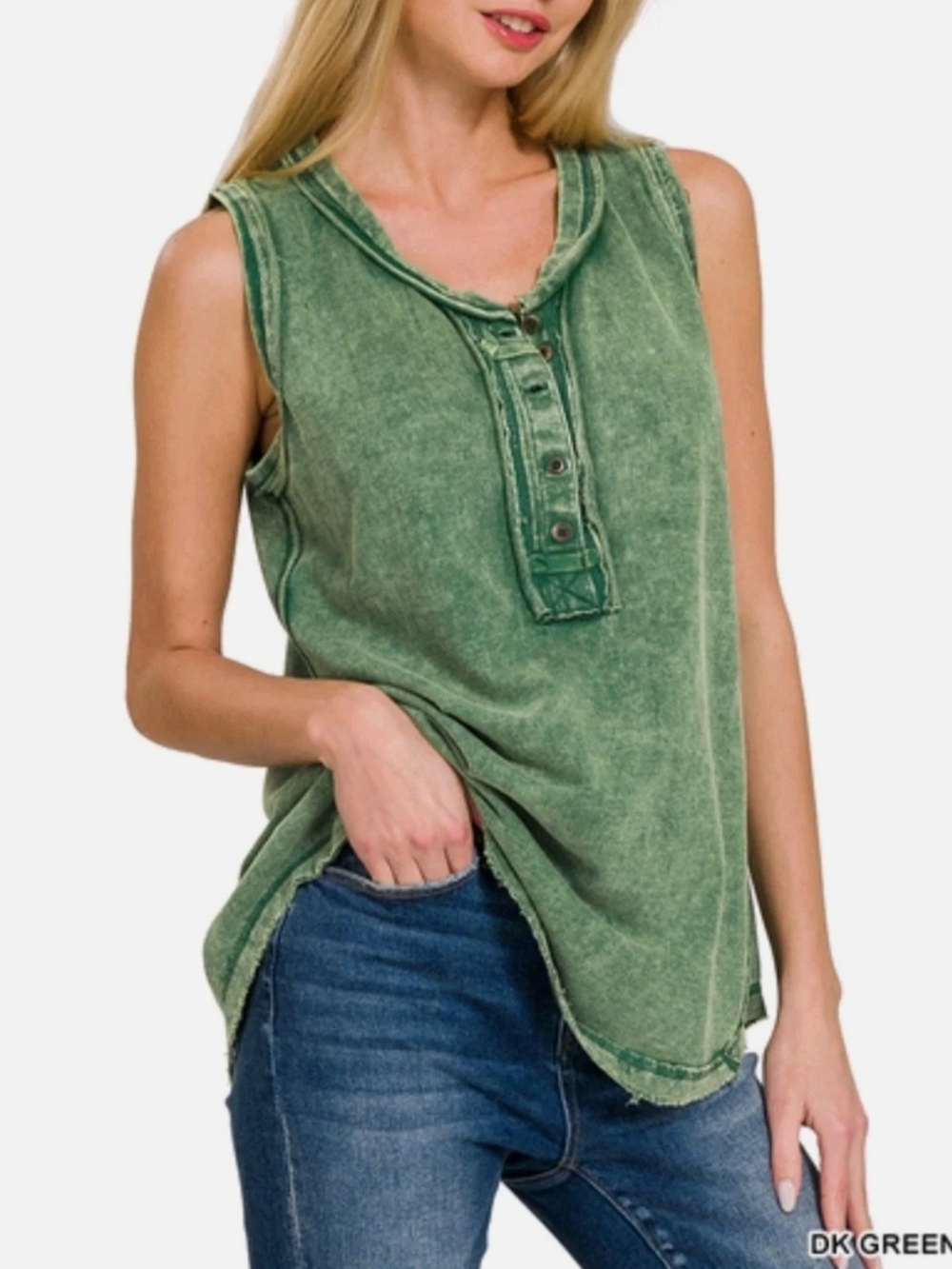 ZENANA Color Washed Henley Tank top 100% Cotton Raw Edge Exposed Seam Sz S,M,L